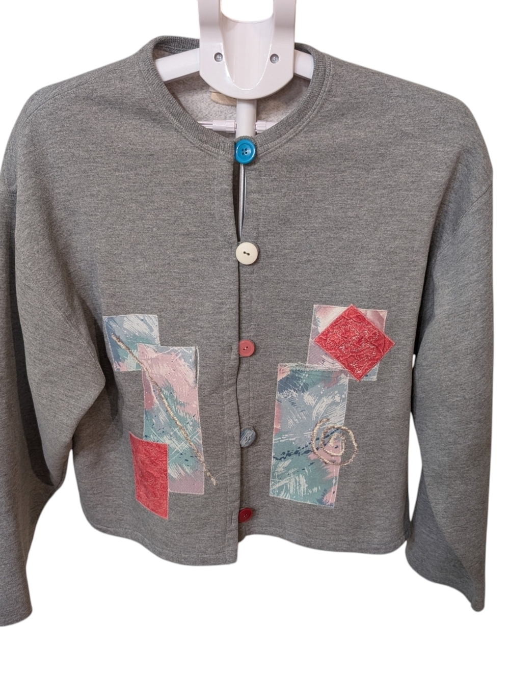 Vntg Gray Patchwork Button Cardigan with Colorful Buttons, Homemade Grandmacore